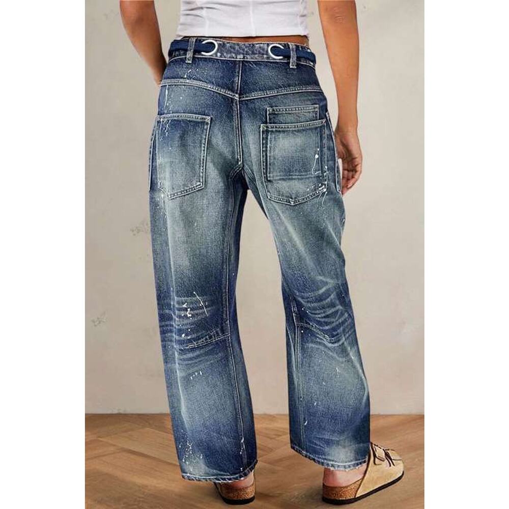 Flamingals Drawstring Grommet Eyelet Mid Waist Barrel Jeans - Picture 2 of 5